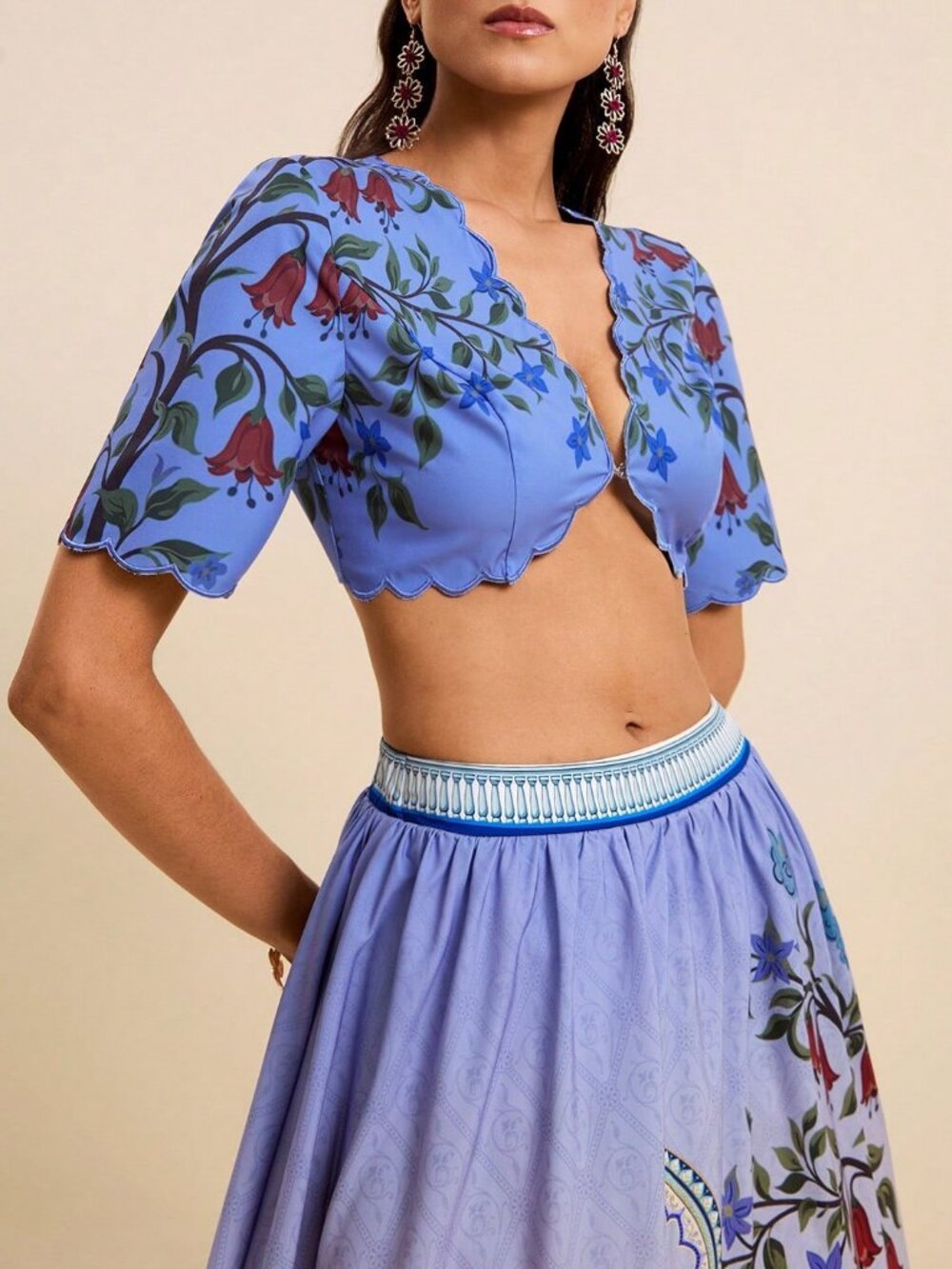 Boho Women's Short V-Neck Ruffle Trim Embroidered Floral Print Blouse - Picture 4 of 8
